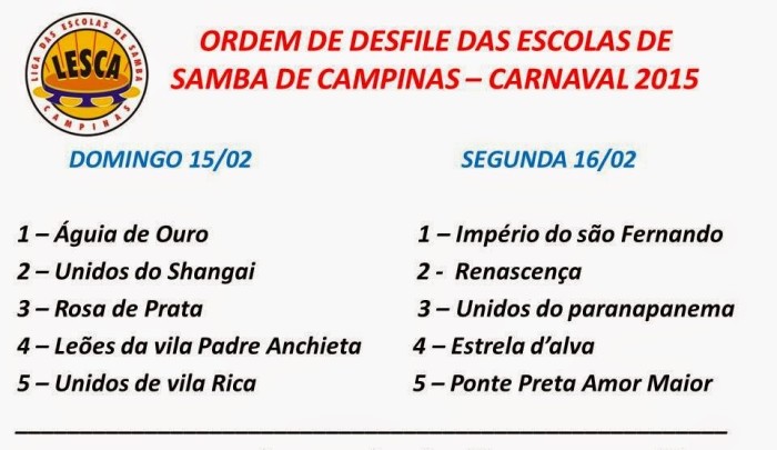 ORDEM DE DESFILE DAS ESCOLAS DE SAMBA DE CAMPINAS